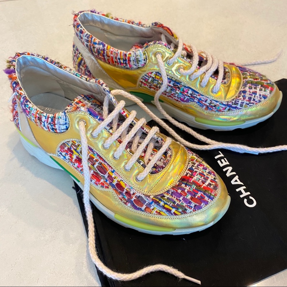 CHANEL Gold Multicolor Tweed Sneakers Sz 38 - Picture 2 of 3